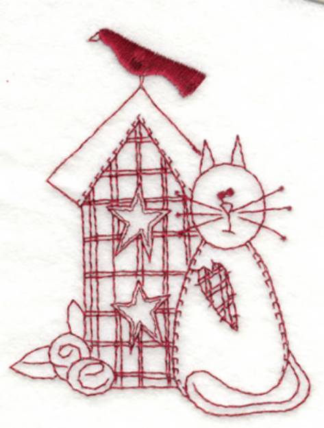 Picture of Cat And Birdhouse Machine Embroidery Design