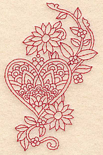 Picture of Floral Heart Redwork Machine Embroidery Design