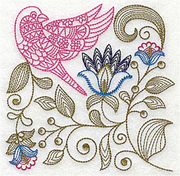 Picture of Jacobean Bird And Flowers Machine Embroidery Design