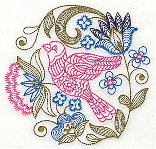 Picture of Jacobean Bird And Flowers Machine Embroidery Design