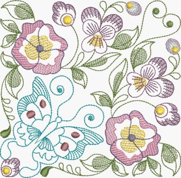 Picture of Butterfly & Pansies Square Machine Embroidery Design