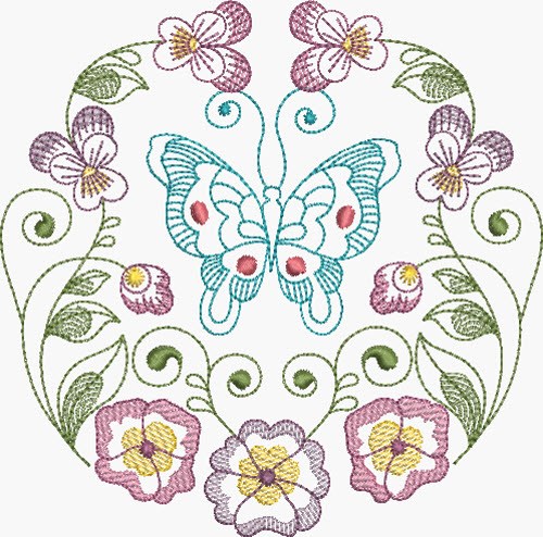 Butterfly & Pansies Circle Machine Embroidery Design