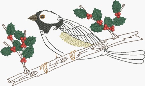 Watchful Bird & Holly Machine Embroidery Design