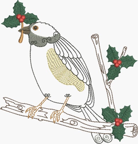 Perched Bird & Holly Machine Embroidery Design