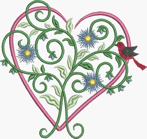 Pink Floral Heart Machine Embroidery Design