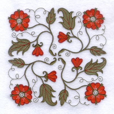 Jacobean Red Flower Square Machine Embroidery Design