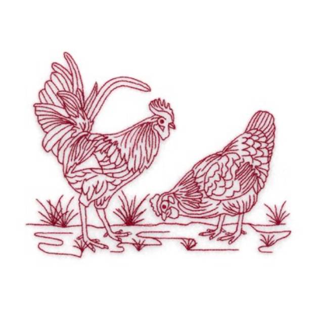 Picture of Redwork Roosters In Grass Machine Embroidery Design