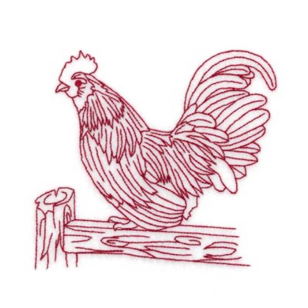 Picture of Redwork Rooster Wooden Fence Machine Embroidery Design