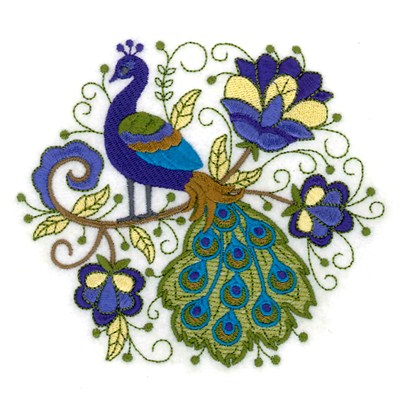 Round Jacobean Peacock Machine Embroidery Design
