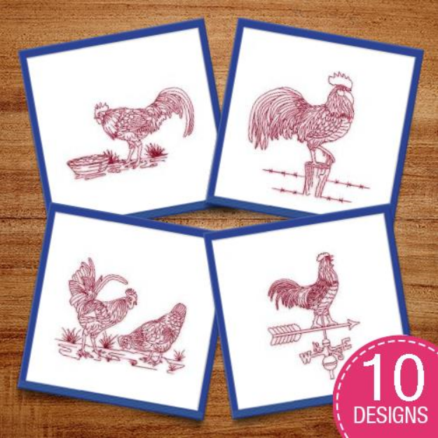 Picture of Redwork Roosters Embroidery Design Pack