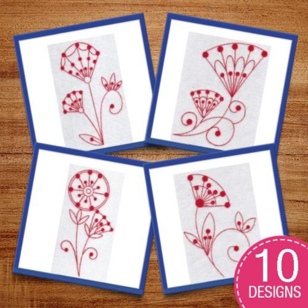 Picture of Fantasy Flowers Redwork Embroidery Design Pack