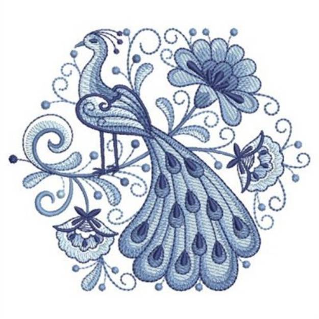 Picture of Delft Blue Peacock Machine Embroidery Design