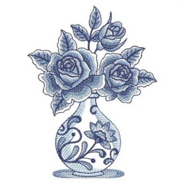 Picture of Delft Blue Roses Vase Machine Embroidery Design