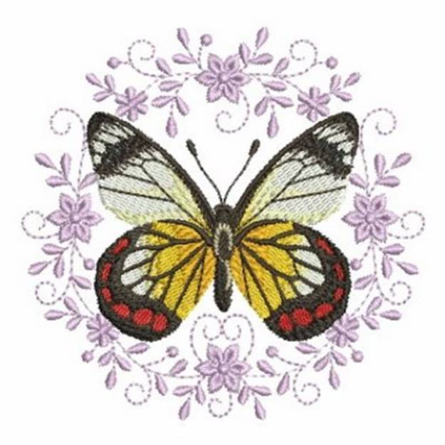 Picture of Tri-Colored Butterfly & Flowers Machine Embroidery Design