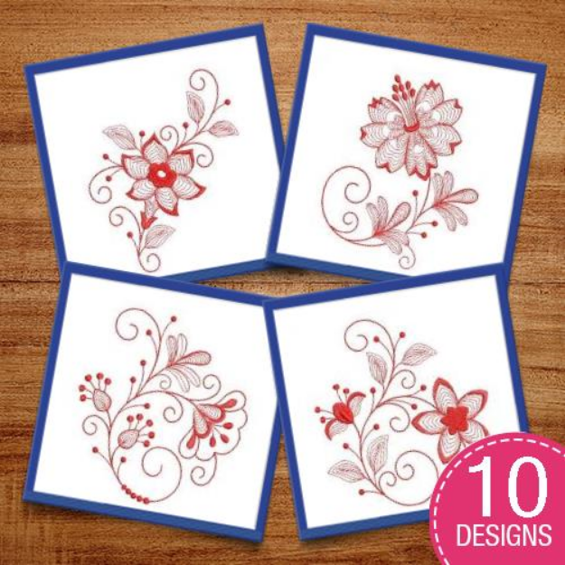 Redwork Rippled Flowers Embroidery Design Pack