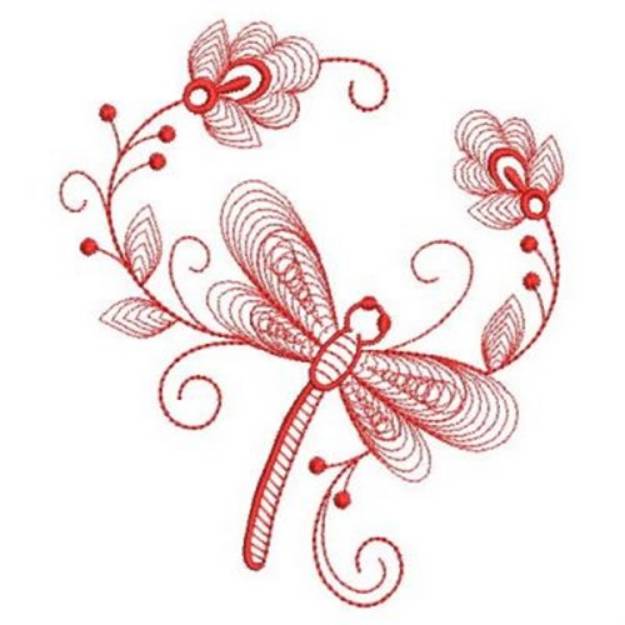 Picture of Floral Redwork Dragonfly Machine Embroidery Design