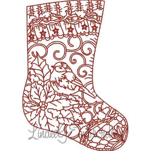 Poinsettia & Bird Stocking (4 sizes) Machine Embroidery Design