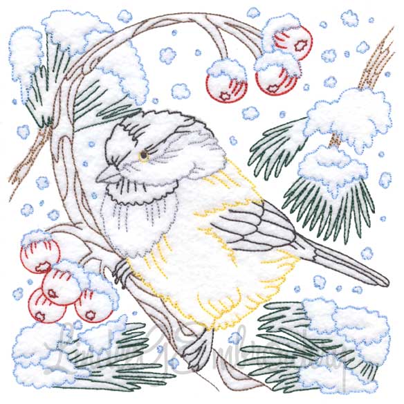 Chickadee with Snow 7 - Multicolor Machine Embroidery Design