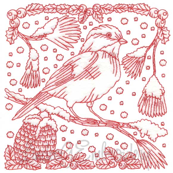 Chickadee with Snow 3 Redwork (3 sizes) Machine Embroidery Design