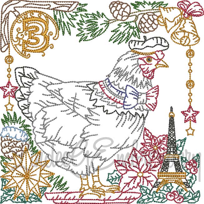 3 French Hens (4 sizes) Machine Embroidery Design