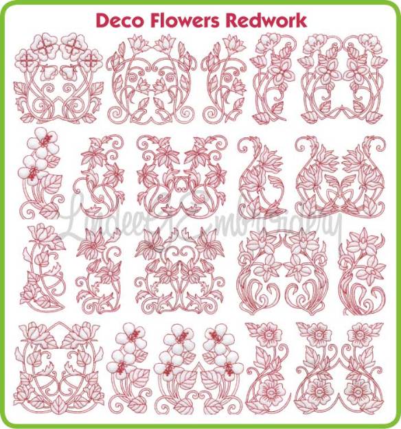 Picture of Deco Flowers Redwork Embroidery Design Pack