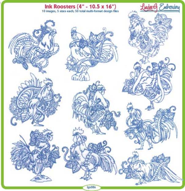 Picture of Ink Roosters  Embroidery Design Pack